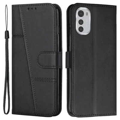 For Motorola Moto E32 4G  /  E32s 4G Simple Style Imprinted Stitching PU Leather Protective Phone Case Folio Stand Shockproof Cover with Strap - Black
