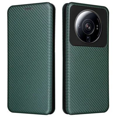 For Xiaomi 12S Ultra 5G Magnetic Carbon Fiber Texture Phone Case Stand Anti-scratch PU Leather Cover with Card Slot - Green