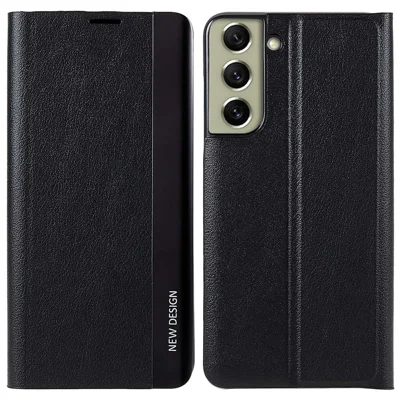 For Samsung Galaxy S21 FE 5G PU Leather Stand Case Auto Absorption Anti-drop Electroplating Phone Cover - Black
