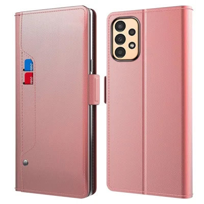For Samsung Galaxy A13 4G Makeup Mirror PU Leather Case Card Holder Slot Magnetic Closure Flip Cover - Rose Gold