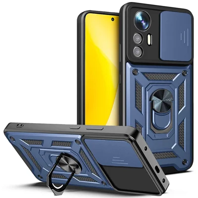 For Xiaomi 12 Lite 5G Slide Camera Protection Phone Case Kickstand PC + TPU Hybrid Mobile Phone Cover - Blue