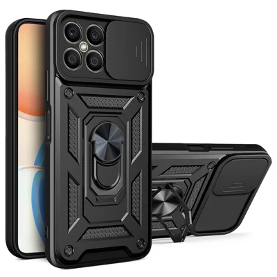 Funda de teléfono celular resistente para Honor X8 4G con soporte giratorio, carcasa híbrida de PC + TPU con protección deslizante para cámara - Negro