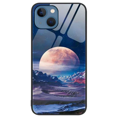 For iPhone 14 Plus 6.7 inch Tempered Glass Phone Case, Anti-scratch Pattern Printing Hard PC+Soft TPU Cellphone Cover - White Planet
