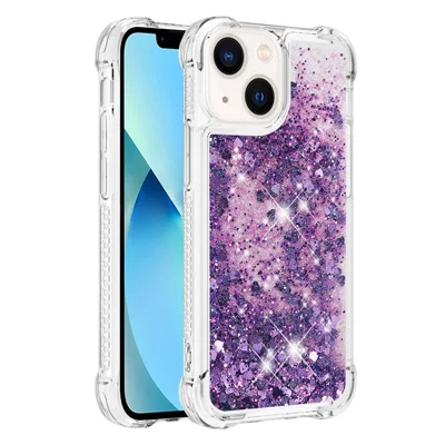 For iPhone 14 6.1 inch TPU Case Glitter Quicksand Shockproof Phone Back Cover - Dark Purple / Hearts