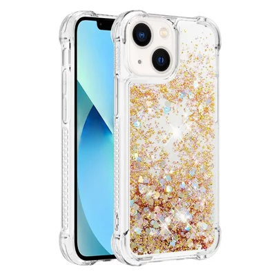 For iPhone 14 Plus TPU-case med glitterkvicksand, stødfast bagsidebeskyttelse - Guld / Hjerter