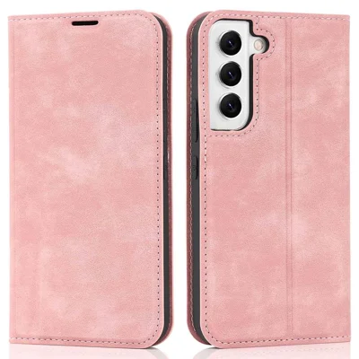For Samsung Galaxy S22 5G Shockproof RFID Blocking PU Leather Phone Case Auto Closing Magnetic Anti-scratch Phone Cover - Pink