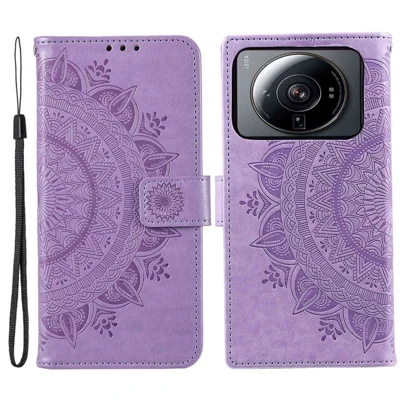 For Xiaomi 12S Ultra 5G Mandala Flower Pattern Imprinted PU Leather Hand Strap Design Magnetic Anti-fall Cover Stand Wallet Style Case - Purple