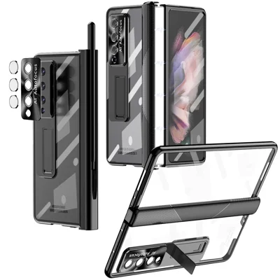 For Samsung Galaxy Z Fold4 5G Hinge + Stylus Pen Design Electroplating Hard PC Kickstand Function Phone Case with Tempered Glass Screen Protector - Black