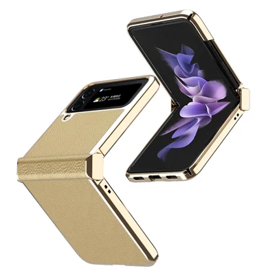 For Samsung Galaxy Z Flip4 5G Litchi Texture Metal Frame PU Leather + PC Back Cover Anti-fingerprint Phone Case - Gold