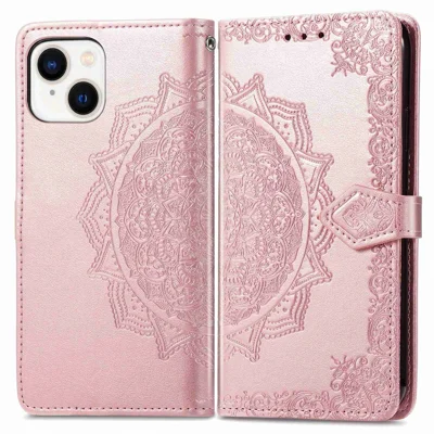Para iPhone 14 6.1 polegadas Mandala Pattern Embossed Leather Wallet Case Magnetic Clasp Phone Stand Cover with Strap - Rose Gold