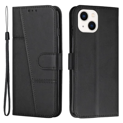 Stitching Phone Case for iPhone 14 6.1 inch, Wallet Stand PU Leather Cover Inner TPU Shell with Strap - Black