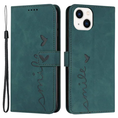 Pour iPhone 14 Plus 6,7 po Étui portefeuille en cuir PU avec support, motif cœur imprimé, effet doux au toucher, avec dragonne - Vert