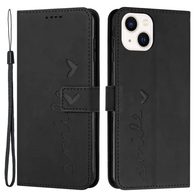 Hautberührungsförmiges Herz-Gravur-Hülle für iPhone 14 6.1 Zoll, PU-Leder-Standfunktion Brieftasche Magnetverschluss Handyhülle mit Riemen - Schwarz
