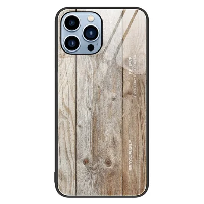 For iPhone 14 Pro Max 6.7 inch Wood Texture Slim Phone Case Tempered Glass Back TPU Frame Protective Cover - Grey