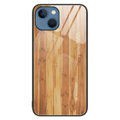 For iPhone 14 Plus 6.7 inch Case Wood Pattern Design TPU Frame Tempered Glass Back Anti-Scratch Cover - Brown