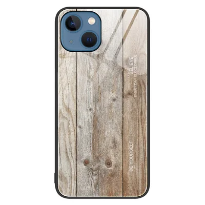 For iPhone 14 6.1 inch Wood Pattern Case Soft TPU Frame Tempered Glass Back Shockproof Protective Cover - Grey