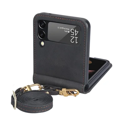 For Samsung Galaxy Z Flip4 5G One-piece Design PU Leather Coated PC Cover Card Holder Folding Phone Case with Long Lanyard - Black