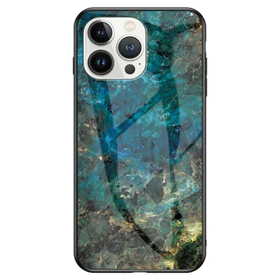 For iPhone 14 Pro Max 6.7 inch Drop-proof Phone Case Marble Pattern Tempered Glass + PC + TPU Hybrid Cover - Emerald Marble