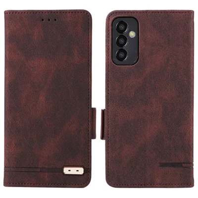 For Samsung Galaxy M13 4G Hardware Decor Phone Case PU Leather Wallet Folio Flip Stand Protective Cover - Coffee