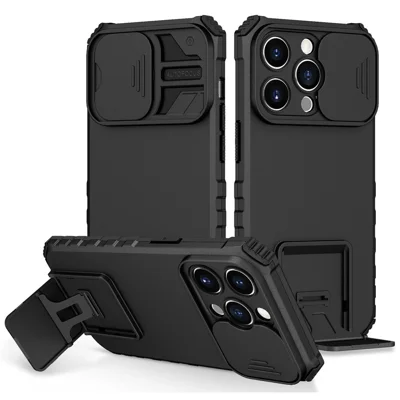 Cell Phone Shell for iPhone 14 Pro 6.1 Inch, Stable Kickstand PC + TPU Slide Camera Protection Anti-Scratch Phone Case - Black