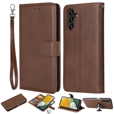 For Samsung Galaxy A13 / A04s 4G (164.7mm) 5G Detachable Leather Stand Wallet Case Car Mount Metal Sheet Phone Cover with Strap - Brown