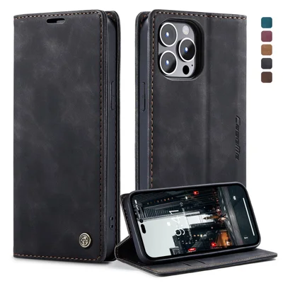 CASEME 013 Serie Flip Wallet Case für iPhone 14 Pro Max 6,7 Zoll, magnetischer Selbstabsorptions-Ständer, stoßfestes PU-Leder-Handyhülle - Schwarz