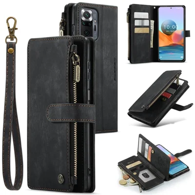 Für Xiaomi Redmi Note 10 Pro Max 4G / Note 10 Pro 4G (Global) / (Indien) Hüllen mit Strap CASEME C30 Reißverschluss Mehrfach-Kartenhalter Lederschutzhülle - Schwarz