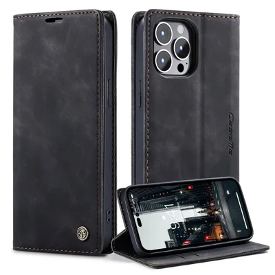 CASEME 013 Series для iPhone 14 Pro 6.1 дюйма Противоударный кожаный кошелек с магнитной застежкой Чехол-накладка с подставкой Противоударный защитный чехол - Черный
