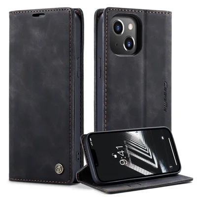 CASEME 013 Series für iPhone 14 6,1 Zoll stoßfeste PU-Leder-Brieftasche Magnetisch Auto-absorbierter Standfunktelefon Abdeckung - Schwarz