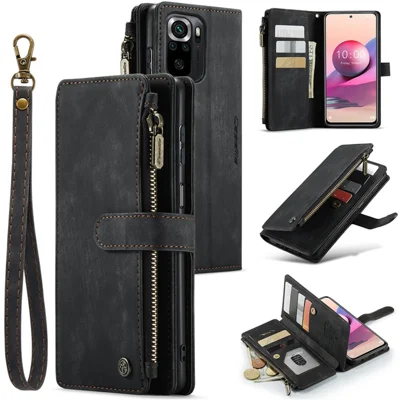 Чехол для Xiaomi Poco M5s 4G / Redmi Note 10 4G / Redmi Note 10S 4G с ремешком CASEME C30, с застежкой-молнией, с несколькими карманами для карт, из искусственной кожи - черный