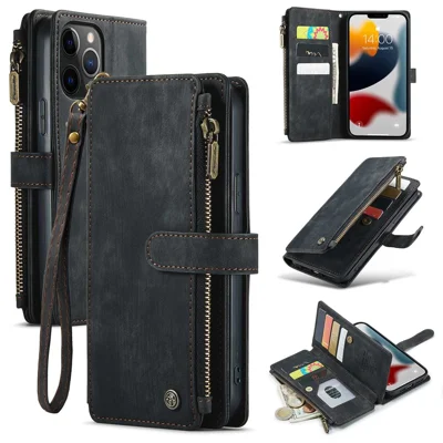 For iPhone 12 Pro Max Phone Cases with Strap CASEME C30 Zipper Multiple Card Holder PU Leather Cover - Black