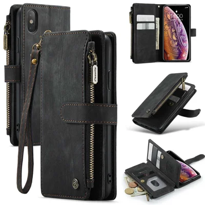 Capas para iPhone X / XS com Alça CASEME C30 com Zíper, Suporte para Vários Cartões, Capa em Couro PU - Preto
