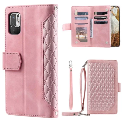 For Xiaomi Redmi Note 10 5G/Note 10T 5G/Poco M3 Pro 4G/5G Phone Case, 005 Style Wallet Magnetic Phone Leather Case Rhombus Texture Zipper Pocket Stand Anti-scratch Cover with Strap - Pink