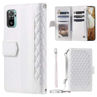 005 Style Phone Case for Xiaomi Poco M5s 4G / Redmi Note 10 4G / Redmi Note 10S 4G, Wear-resistant Anti-drop Leather Rhombus Texture Stand Wallet Cover with Zipper Pocket - White