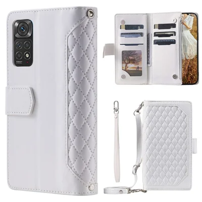 005 Style Phone Case for Xiaomi Redmi Note 11S 4G / Note 11 4G (Qualcomm), Leather Rhombus Texture Full Body Protection Stand Wallet Feature Cover with Zipper Pocket - White