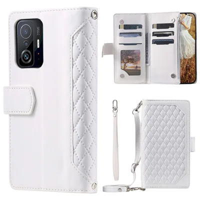 For Xiaomi 11T 5G / 11T Pro 5G Magnetic Phone Case, 005 Style Leather Rhombus Texture Well-protected Stand Wallet Zipper Pocket Folio Flip Shell with Strap - White