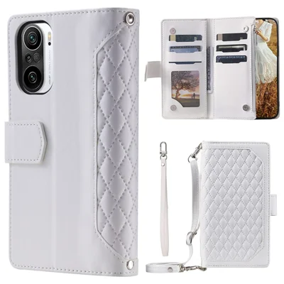 For Xiaomi Poco F3 5G / Mi 11i / Redmi K40 5G / K40 Pro 5G Mobile Phone Case, 005 Style Wallet Leather Phone Case Rhombus Texture Adjustable Stand Design Zipper Pocket Magnetic Cover with Strap - White