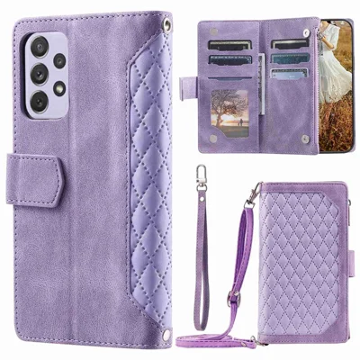 005 Style Drop-proof Phone Wallet Case for Samsung Galaxy A73 5G, Rhombus Texture Zipper Pocket PU Leather Scratch-resistant Mobile Phone Cover Stand with Strap Card Holder - Purple