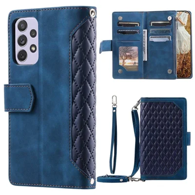 For Samsung Galaxy A72 4G / 5G 005 Style Anti-scratch Zipper Pocket Wallet Cover Rhombus Texture Leather Phone Case Stand with Shoulder Strap and Hand Strap - Blue