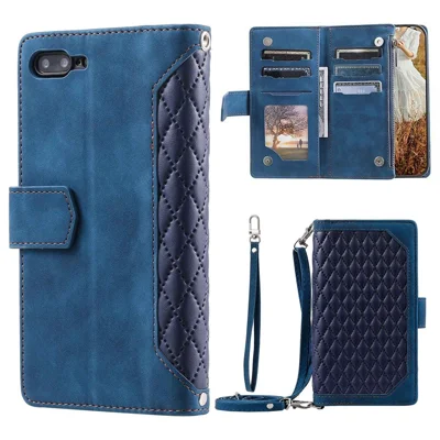 For iPhone 7 Plus / 8 Plus 5.5 inch 005 Style Zipper Pocket Leather Rhombus Texture Cover Multiple Card Slots Phone Case with Shoulder Strap and Hand Strap - Blue
