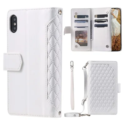 Zipper Pocket Leather Case for iPhone XS Max 6.5 inch, 005 Style Rhombus Texture Stand Shockproof Phone Cover with Shoulder Strap and Hand Strap - White