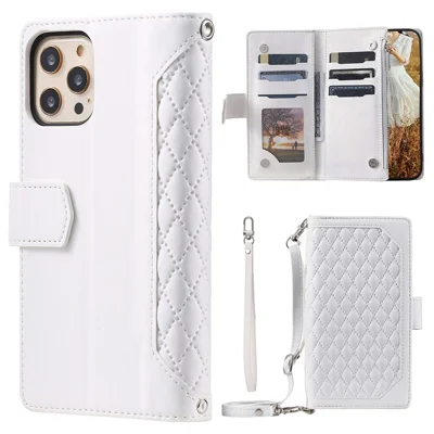 005 Style Anti-scratch Phone Wallet Case for iPhone 12 Pro Max 6.7 inch, Full Protection Rhombus Texture Zipper Pocket PU Leather Mobile Phone Cover Stand with Strap - White