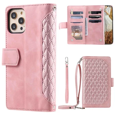 005 Style Anti-schrammen Telefoonportemonnee Hoesje voor iPhone 12 Pro Max 6,7 inch, Volledige Bescherming Ruitstructuur Ritsvak PU Leren Telefoonhoesje met Standaard en Strap - Roze
