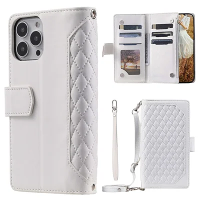 005 Style For iPhone 13 Pro Max 6.7 inch, Fall Protection Phone Case Zipper Pocket Rhombus Texture PU Leather Wallet Cover Stand with Strap Card Holder - White