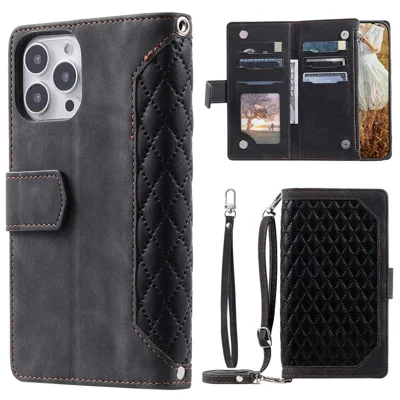 005 Style Phone Flip Leder Brieftasche Hülle Für Iphone 14 Pro 6.1 Zoll, Kartenhalter Rhombus Textur Reißverschluss Pocket Protective Anti-drop-handyabdeckung Mit Riemen - Schwarz