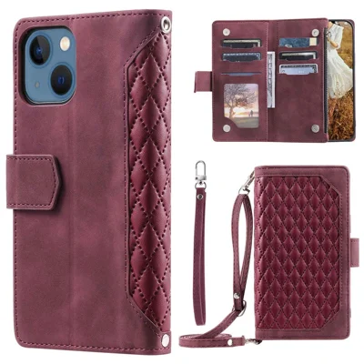 005 Style Telefoonportemonnee Hoesje voor iPhone 14 Plus 6,7 inch, Volledige Bescherming PU Leren Ruitstructuur Ritsvak Klaphoesje met Standaard en Strap Kaarthouder - Wijnrood