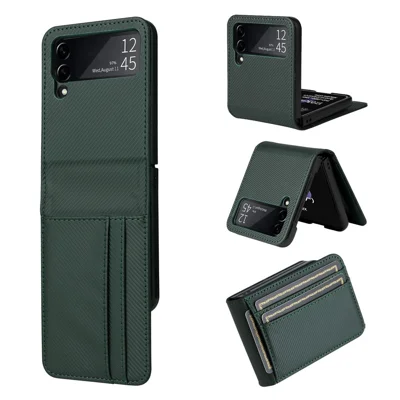 For Samsung Galaxy Z Flip3 5G PU Leather Phone Case Carbon Fiber Texture Card Holder Anti-drop Folding Cover Protector - Green