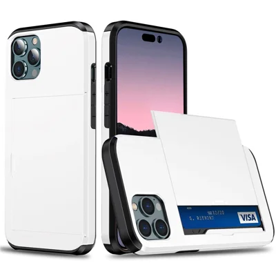 Para iPhone 14 Pro Max 6.7 polegadas Capa Híbrida TPU + PC à prova de choque Capa de telefone com suporte para cartão deslizante - Branco