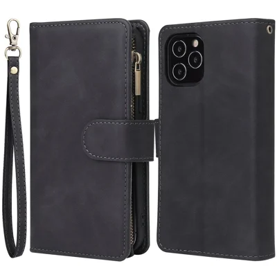 For iPhone 14 Plus 6.7 inch  Drop-proof Zipper Pocket Phone Wallet Case with Multiple Card Slots Protective PU Leather Flip Cover Stand - Black