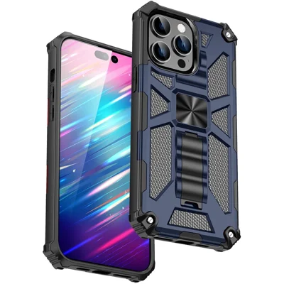 For iPhone 14 Pro Max 6.7 inch PC+TPU Armor Cover Magnetic Bracket Kickstand Anti-shock Anti-wear Cell Phone Shell - Blue